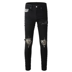 Men's Leopard Print Patch Jeans Streetwear Black Stretch Denim Skinny Tapered Pants Punk Ripped Patchwork Trousers Menswear Bestie bull print sweatpantsmen grey sweatpants