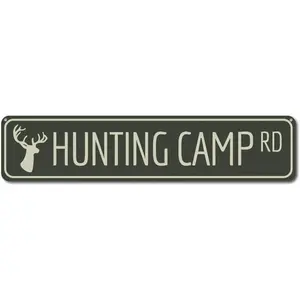 Hunting Camp Road Metal Tin Sign, Deer Hunter Street Sign Wall Decor for Man Cave, Garage & Cabin, Rustic Vintage Wall Art, 4 x 16 Inches