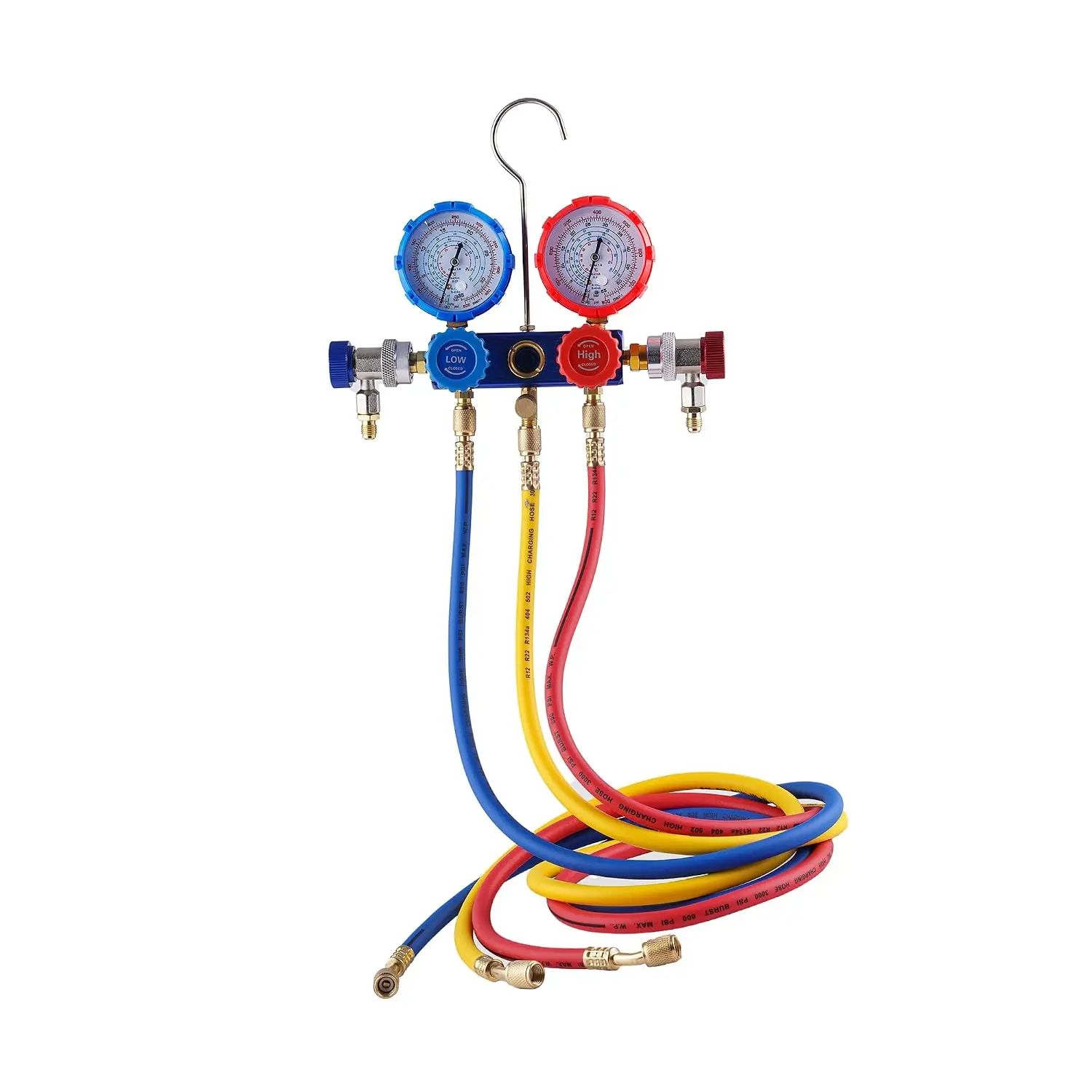 3-Way AC Manifold Gauge Set for R22, R134A, R410A, R404A, ac Gauge Set Includes Puncturing Can Tap, Quick Couplers,Valve Core Tool,Car & Home Air Conditioning Maintenance