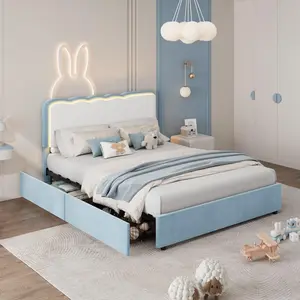 💡LED Velvet Bed Frame Win! Adjustable Headboard + Underbed Storage Drawer, Heavy Metal Support (Only Frame!)