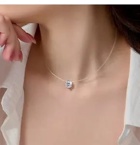 Invisible Set Floating Moissanite Necklace for Women, 925 Sterling Silver, Mother's Day and Birthday Gift