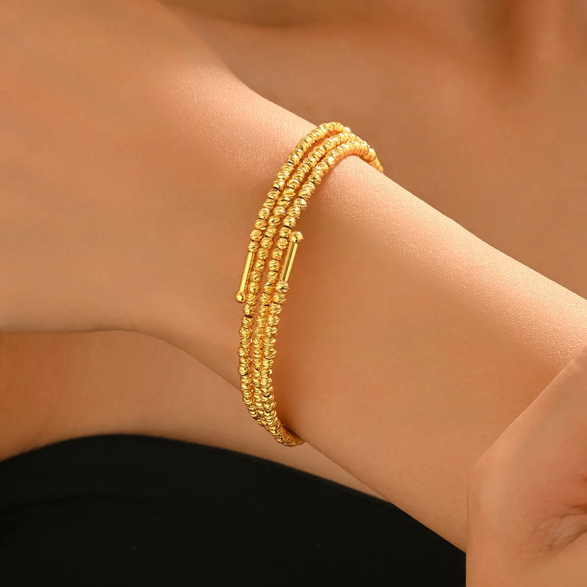Fashion Memory Wire Wrap Bracelet – 3-Layer Stacked Disco Bubble Bead Chunky Gold Tone Bangle, Hip hop / Streetwear style Party Bling Disco Ball Jewelry for Women, Gold Aesthetic, Bead Ball Bracelets & Bangles, Bubble Beads Bracelets & Bangles