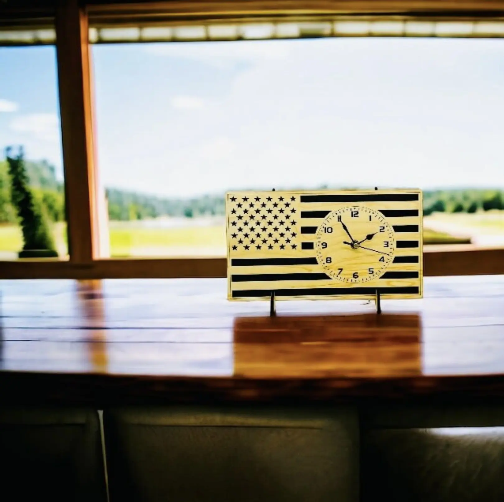 American flag desk clock with stand, perfect for any table or desk.