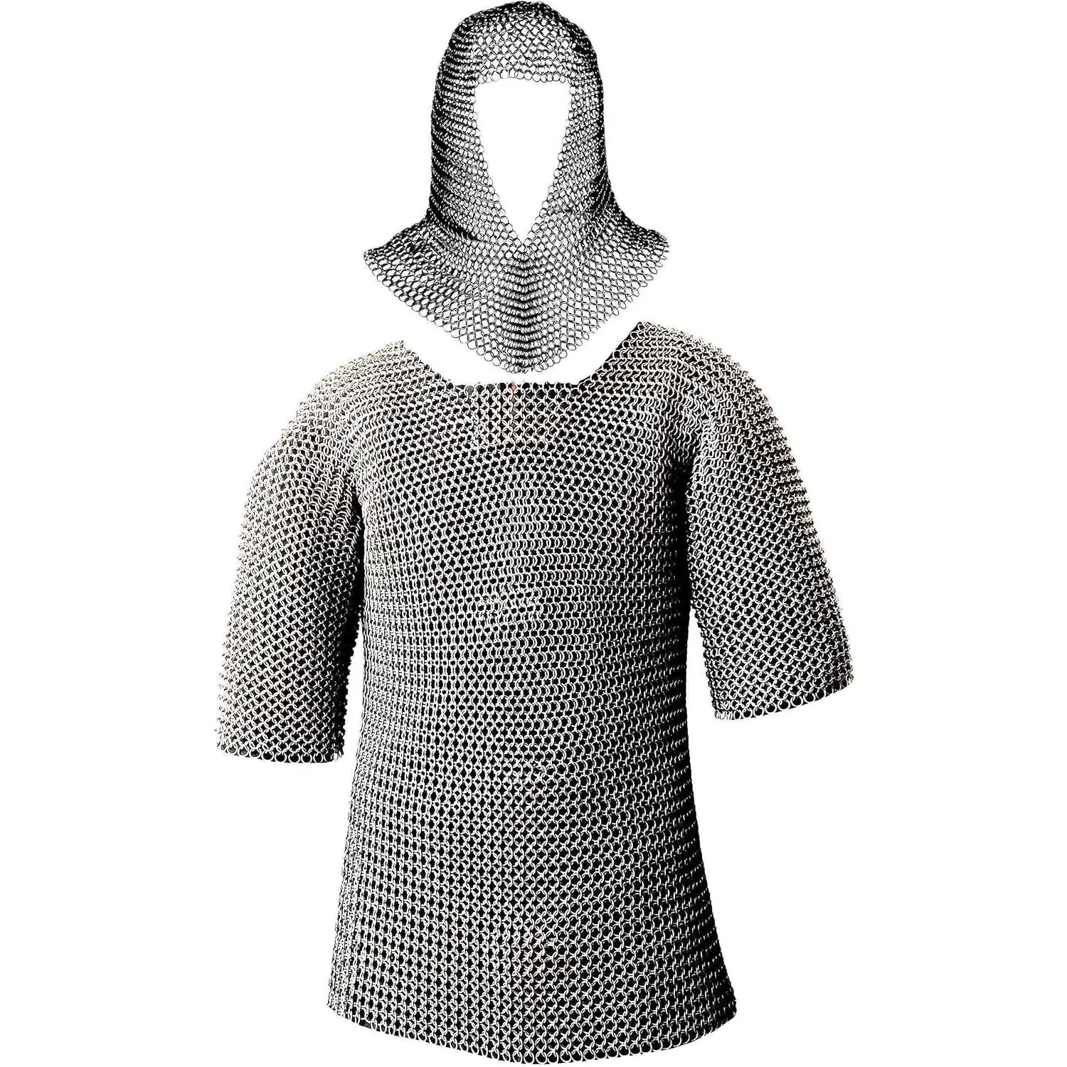Mythrojan Half Sleeves Chainmail Shirt with Coif Medieval Knight Armor Costume