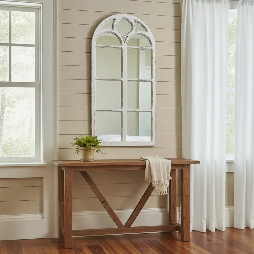 Wooden Farmhouse White Distressed Window Mirror, Home Decor Accent Piece