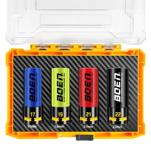 BOEN 1/2" Drive Impact Lug Nut Socket Set, 4 Pieces Non-Marring Thin Wall Wheel Protector Nut Socket, Metric (17, 19, 21, 22) mm, Color-Coded and Embossed and Painted Marking, CR-MO Steel