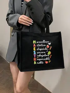 Women Teacher Tote Bag Set, Spanish Teacher Zipper Pouch, Cute Learning Print, Large Capacity Linen Bag, Reusable, Beach, Shopping, Travel, Gift