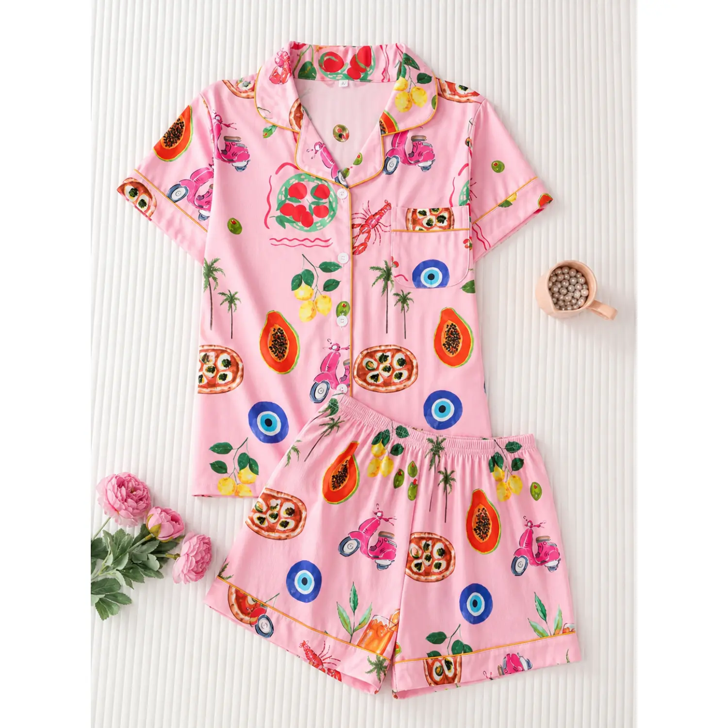 Women's Fruit Print Sleepwear Set: Cozy Short Sleeve Top & Elastic Waist Shorts for All Seasons
