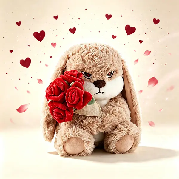 26cm Cute Grumpy Bunny Plush With Red Rose Bouquet, Kawaii Fluffy Rabbit Stuffed Animal, Romantic Surprise Gift For Valentine Birthday Christmas