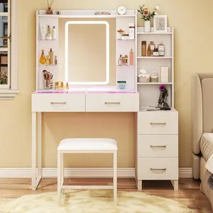 Vanity Desk with Mirror and LED Lights, 57.5" Makeup Vanity with Glass Top & Wireless Charging, Vanity with RGB Drawers, 3 Colors Light, Power Outlet Safety Switch for Bedroom, White