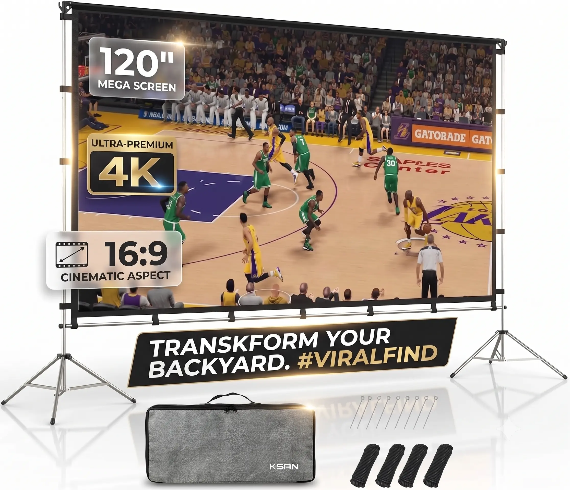 KSAN 120-inch Portable Projector Screen with Aluminium Alloy Stand, 10ft Foldable Screen with Carry Bag, 160-degree Wide View, 6.95lbs Weight, 9 Grounding Spikes & Ropes for Indoor Home Theater/Backyard Movie Night, 120 Inches