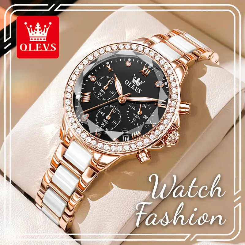 OLEVS Elegant Multi-Function Watch for Women, Ceramic Steel Bracelet, 36mm Analog Quartz Dial with Rhinestone Bezel, 3ATM Water Resistant, Watches For Women
