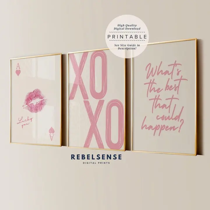 Pink Lucky You Set Of 3 Prints, XoXo Aesthetic Posters, Funky Wall Art, Pink Posters, Apartment Decor, Preppy Room Decor, Dopamine Decor