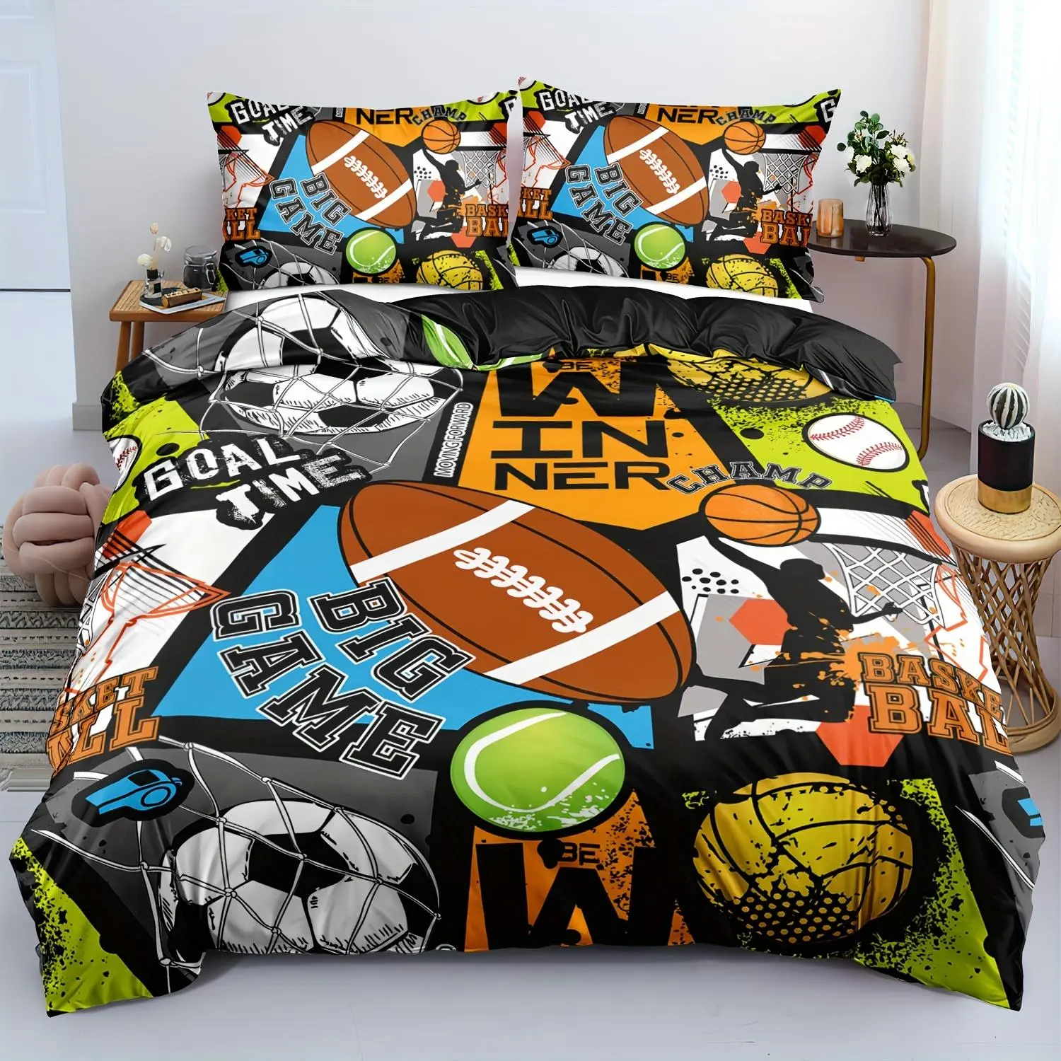 Football Theme Sports Collage Duvet Cover Set - 2/3-Piece Bedding for Single Beds, Includes 1 Duvet Cover + 1/2 Pillowcases, Boys' Sports Design (Football, Basketball, Baseball Options)