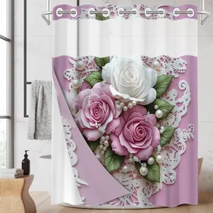 1PC/4PCS 2D Flat Printing Pink and White Roses with Lace Decoration Patterned shower curtain, home bathroom decor, shower curtain set with 12 hooks, non-slip bathroom rug, U-shaped toilet seat cover, toilet seat mat, Bathroom Decoration Accessories