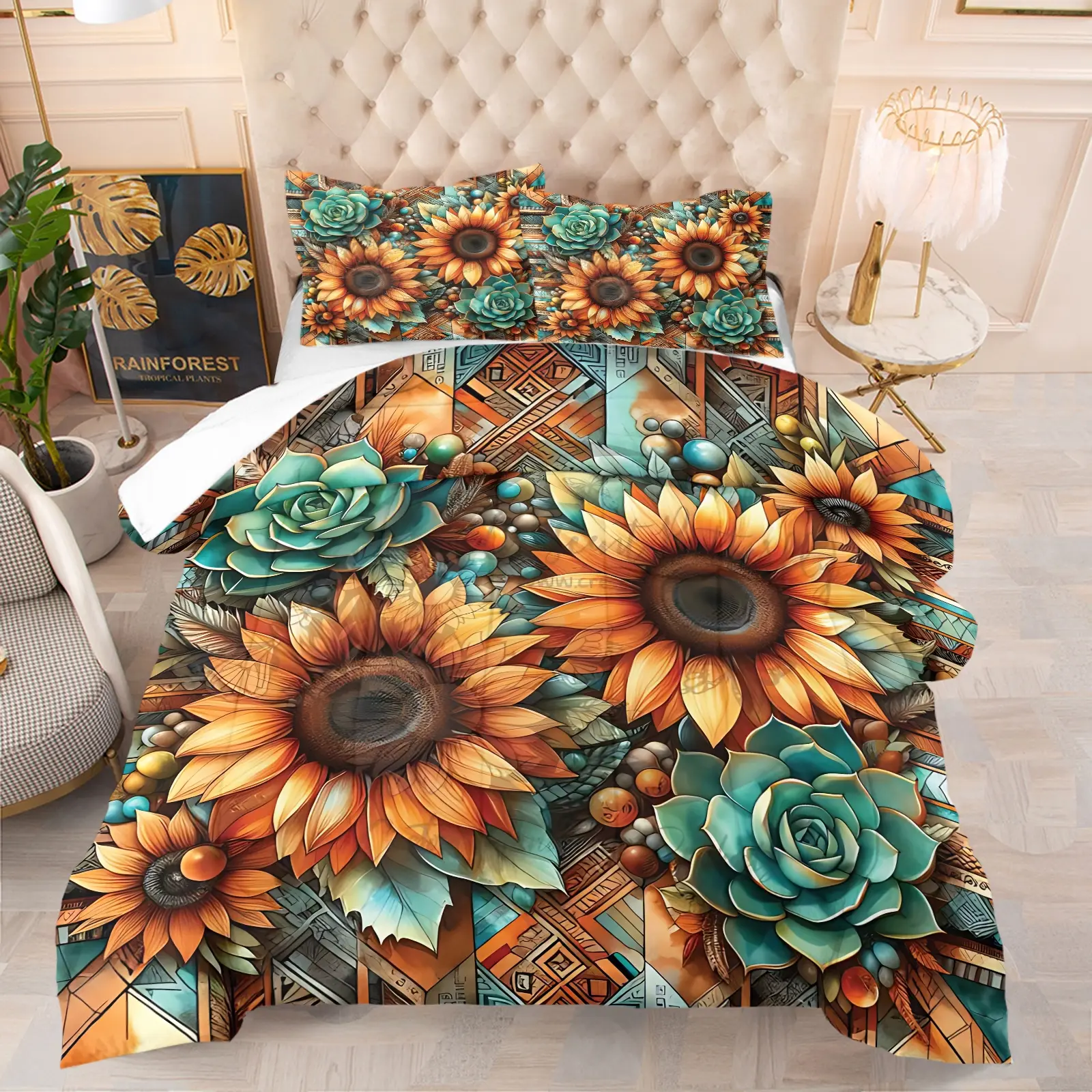 2/3 Piece Floral and Plant Themed Printed Comforter Set, Quilt Bedspread Set, Featuring Sunflower Patterns, Floral Bedding Sets, Soft and Comfortable Bedroom Decoration, Skin Friendly, Including 1 Quilt and 1/2 Pillowcase