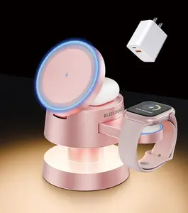 4 in 1 Wireless Charging Station, Aluminum Alloy Wireless Charger Stand with Night-Lamp, 3 in 1 Magnetic Charger for iPhone Fast Charging Stand for Apple Watch/Airpods