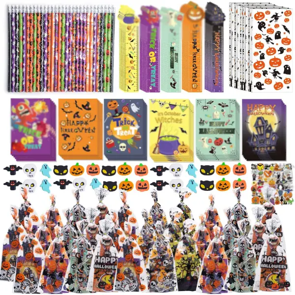 Cozy Fall Gifts 200PCS Halloween Party Favors for Kids Stationery Set, 30 PACK Assorted Halloween Goodie Bag Stuffers, Bulk Halloween Treats Bags for Trick or Treat Pencils Erasers Rulers