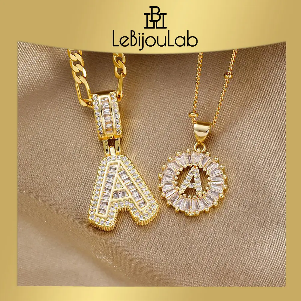 [LeBijouLab] Golden 2 Pieces Initial Letter Necklace Set with Zirconia Stones | Golden Bubble Initial Necklaces for Women | Iced Out Initial Necklace