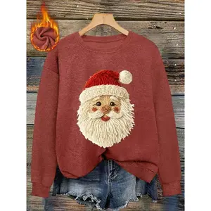 Women's Christmas Santa Print Casual Fitted Sweater, Round Neck Imitation Wool Top, Comfortable Fall & Winter Fashion