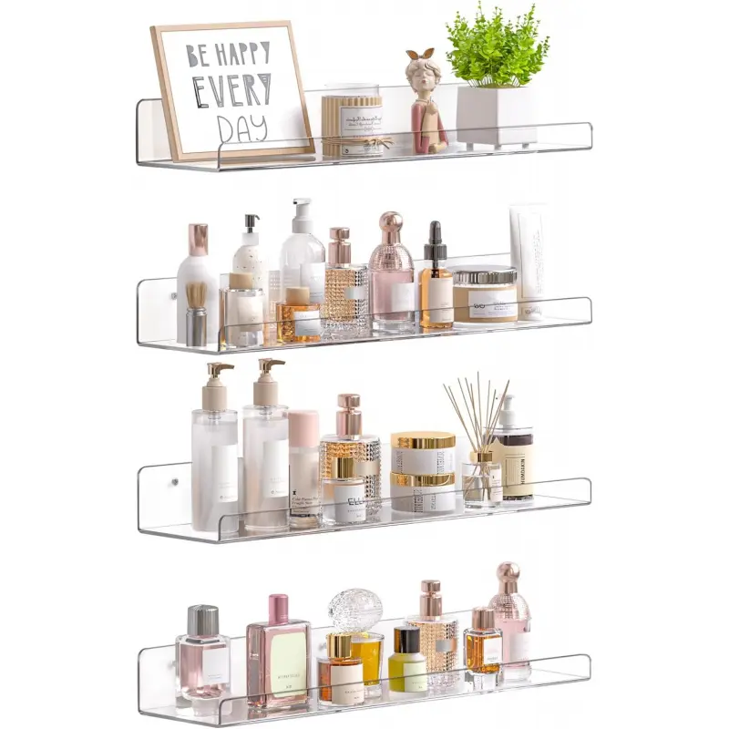 Acrylic Shelves for Bathroom Storage, 15" Floating Shelves Wall Organizer for Perfume, Make up, Skincare, Kids Bookshelf for Bedroom, Nursery, Living Room Decor, Clear, 4 Pack