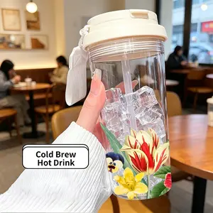 17oz/500ML Heat-Resistant Plastic Coffee Cup, Dual Drinking Mouth with Straw and Handle, Gigi Floral Design, Ideal Gift for Holidays