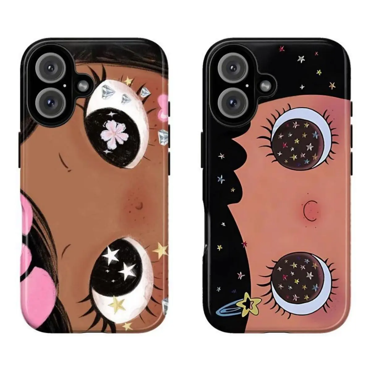 Cute Black INS Glittering Big Eyes Comic Girl Custom Cellphone Case - Shockproof Protection Compatible for iPhone 17 ProMax 16 15 14 13 12 11 and for Samsung S21-S26- Perfect Gift for Her