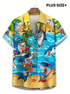 Men's Blue Flamingo Full-Print Hawaiian Shirt, Casual Vacation Style Short Sleeve, Slim-Fitting Long Shirt, All over Print