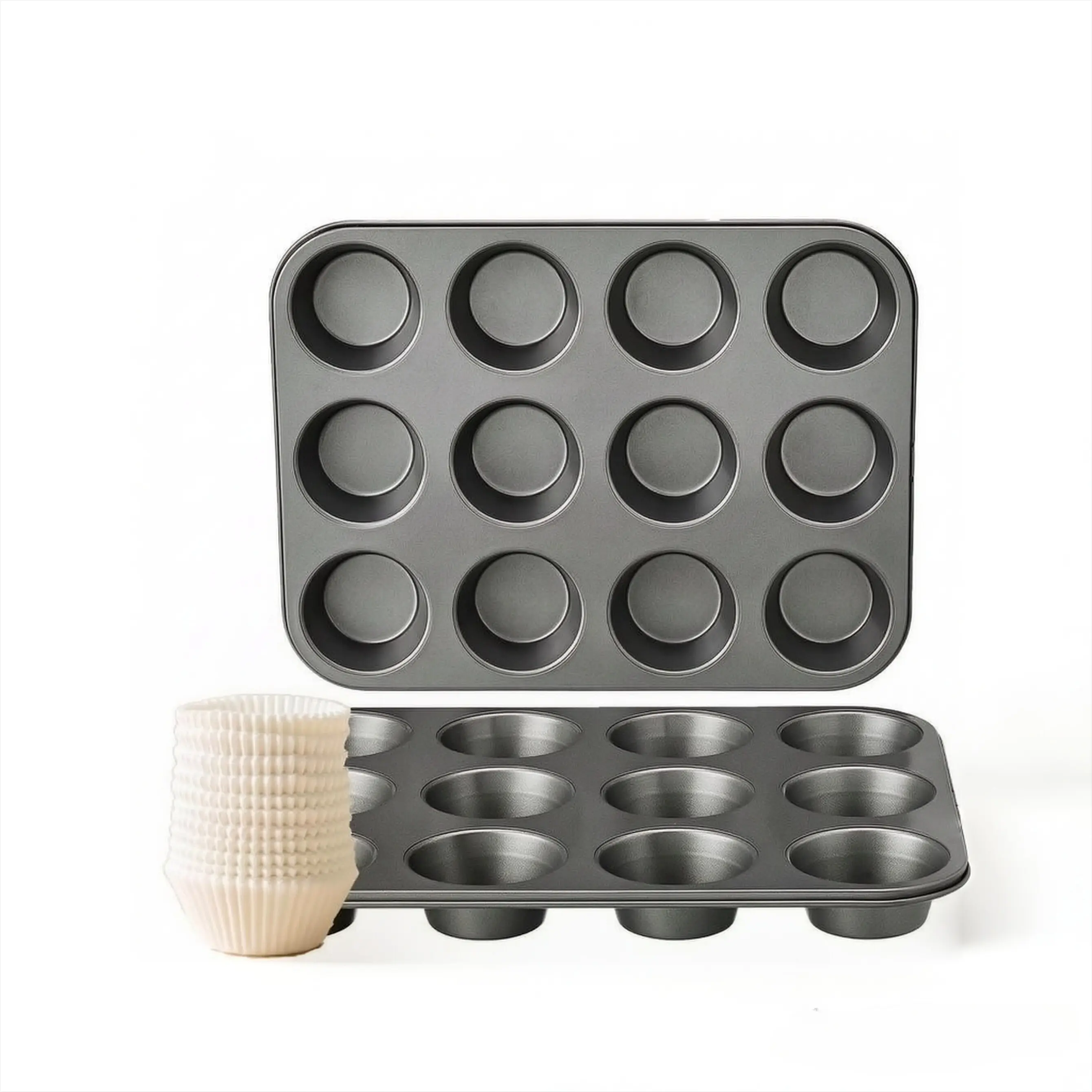 Carbon Steel Non-Stick Muffin Tray Set - 2 Pcs 12-Cup Trays, 200 White Paper Cups Included, Ideal for Home Baking, Parents Kids DIY, Muffins Pancakes Egg Tarts