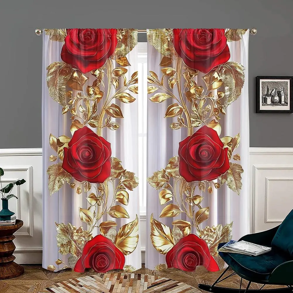 Vintage Rose Pattern Curtain, 2 Counts/set Retro Rose Printed Curtain, Home Textile Window Curtain, Home Decorative Curtain for Home Living Room Bedroom Study Room Kitchen Decoration, Window Decorations Supplies