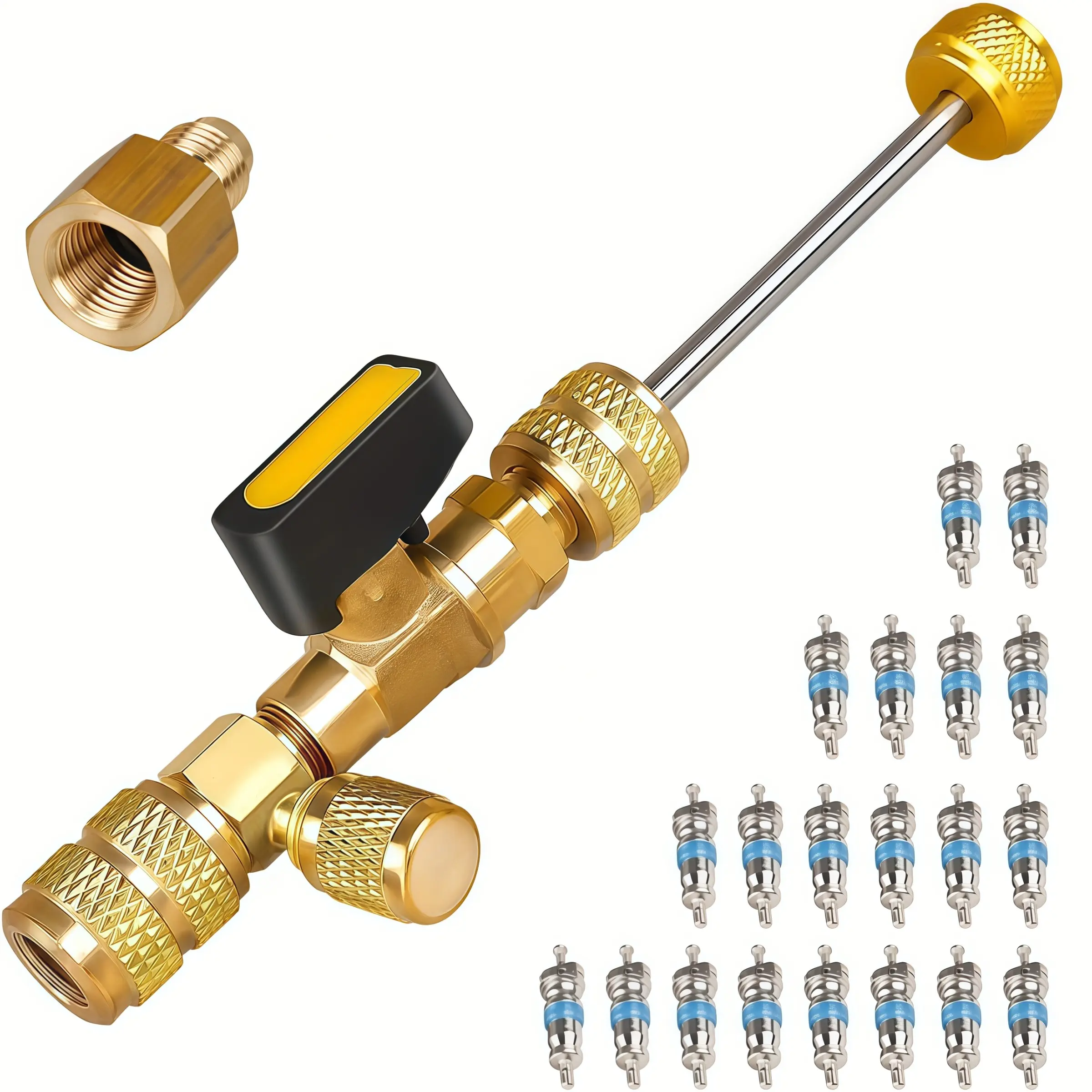 Professional Dual Size 1/4" & 5/16" SAE Valve Core Remover/Installer Tool Kit, Fitting, HVAC AC Repair for R22 R32 R410A R134a, Schrader Valve Changer w/Magnet & Bypass Port, Air Conditioning Service Port