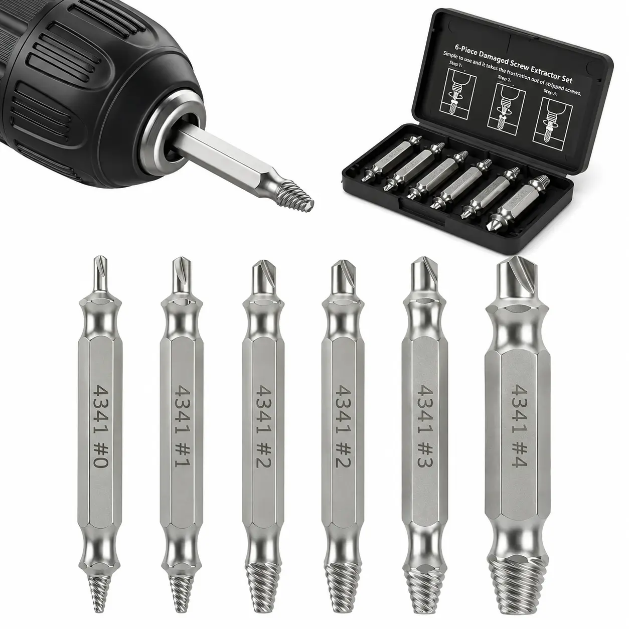 6PCS Hardened Steel Damaged Screw Extractor Set – Stripped Screw & Bolt Remover Kit for DIY Users, Home Repair, Power Drills with Secure Grip & Storage Case