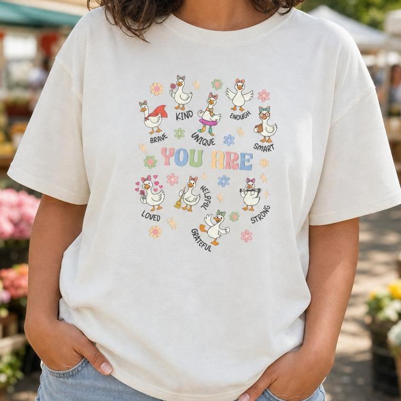 Lady's Women's Plus Size 100% Cotton Short Sleeve Crew Neck Drop Shoulder Casual T-Shirt - "You Are Enough" Positive Quote Duck Graphic Print Top