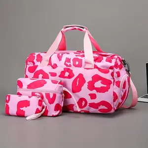 Leopard print three-piece weekend travel bag, includes toiletry and makeup bag, luxurious large-capacity hospital bag, with wet pocket, suitable for maternity overnight stays, crossbody handbag, lightweight carry-on luggage bag, suitable for sports, gym,