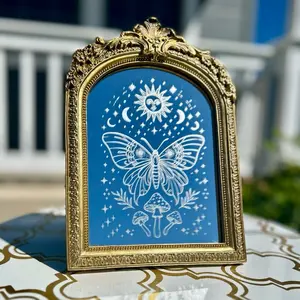 Celestial Butterfly Tattooed Standing Mirror – Hand Etched Fairycore Wall Art with Moons & Mushrooms