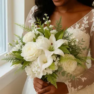 Classic White Artificial Bridal Bouquet with Lilies Roses & Calla for Elegant Wedding Decor