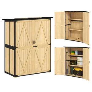 Outsunny Outdoor Storage Cabinet, Wood Garden Tool Shed with Steel Frame and Asphalt Roof, Garden Storage Shed with 2 Shelves, Lockable Doors and Adjustable Feet for Patio Backyard Lawn