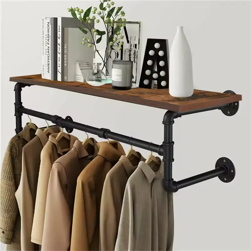 Wall-Mounted Industrial Pipe Clothing Rack with Wood Floating Shelf for Retail Garment Display