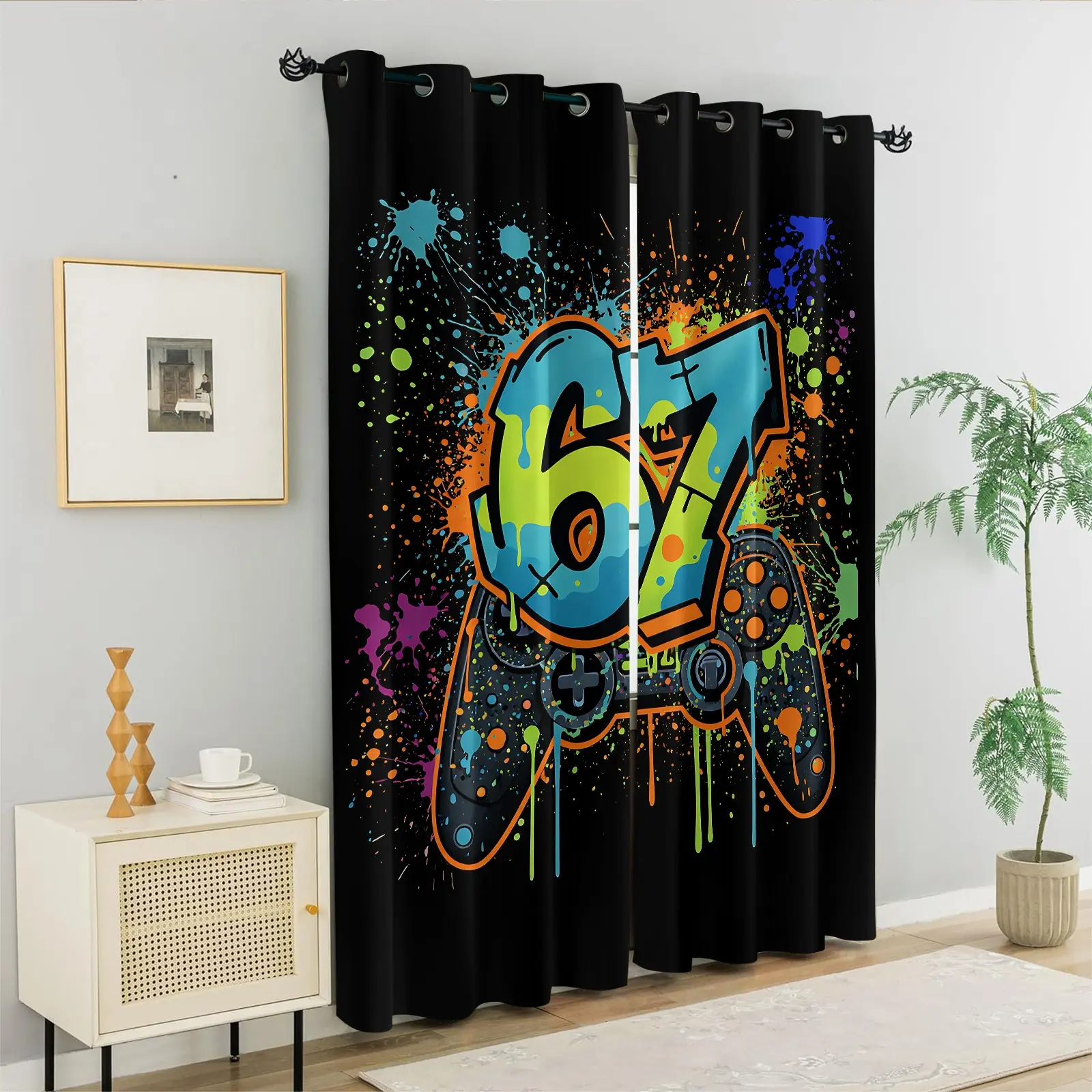 2 Panels Gamer 67 Graffiti Printed Privacy Grommet Window Curtains, 80%-90% Light Blocking Darkening Curtains, Cool Game Controller Digital Print Decoration Curtains for Teen Boys, Kids Bedroom, Gaming Room, Dorm