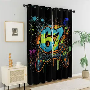 2 Panels Gamer 67 Graffiti Printed Curtains, 80%-90% Light Blocking Darkening Curtains, Cool Game Controller Digital Print Decoration Curtains for Teen Boys, Kids Bedroom, Gaming Room, Dorm