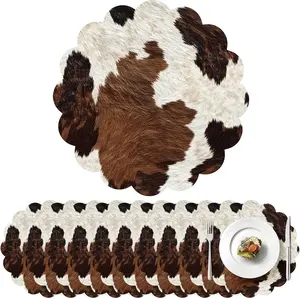 100 Pcs 13.5 Inches Scalloped Disposable Cow Paper Placemats Brown White Cowhide Place Mats for Western Cowboy Party Wedding Baby Shower Rustic Party Table Decor