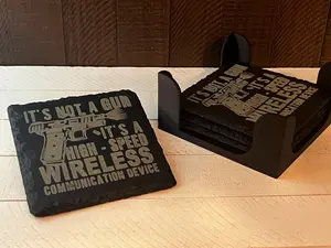 Wireless Communication  Slate Coaster Gun Collector Set of 4 with FREE Holder