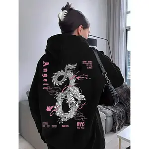 Women's Black Hoodie Sweatshirt with Dragon Back Print, NYC Street Style Top, Angel and Good Wishes Graphic for Casual Fashion, Graphic Hoodies