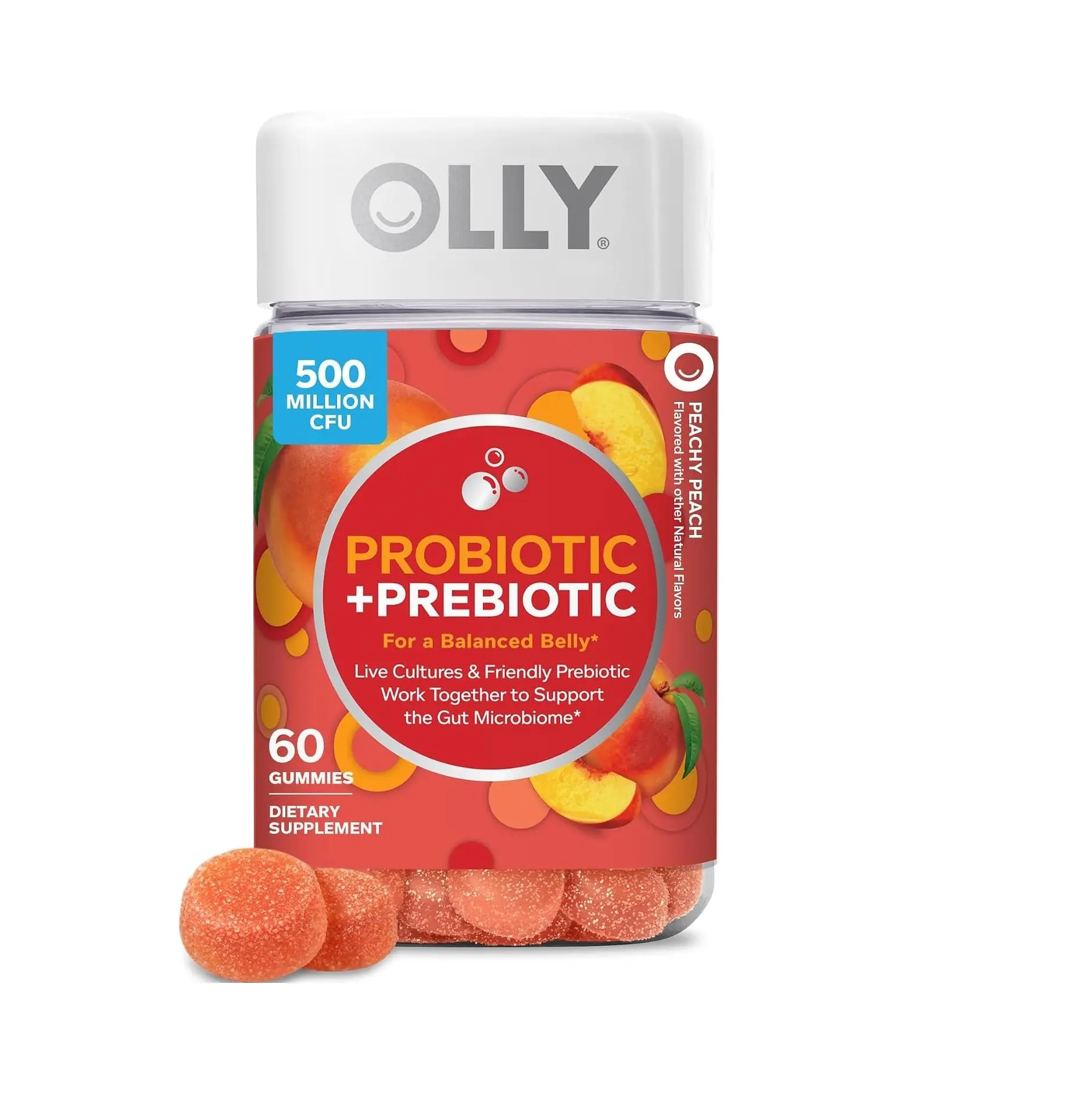 OLLY Probiotic + Prebiotic Gummy, 500M CFUs, Peachy Peach Flavor, 60 Count Natural Wellness Supplement