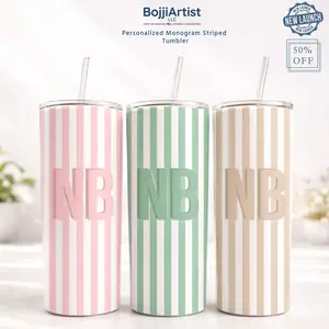 BojjiCo Skinny Insulated Customized Monogram Striped Steel Water Bottle - Reusable Portable Tumbler with Straw, Lid, Preppy Pastel Aesthetic (Pink, Green, Beige), Personalized Initial Travel Mug, Birthday Gift for Women