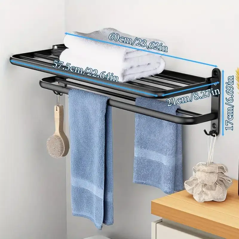 RaybeeFurniture Foldable Wall-Mounted Bathroom Towel Rack, Matte Black Aluminum Bathroom Storage Organizer, Home Organizer with Double Bars & Hooks, Rustproof, Easy to Install, Sleek Design
