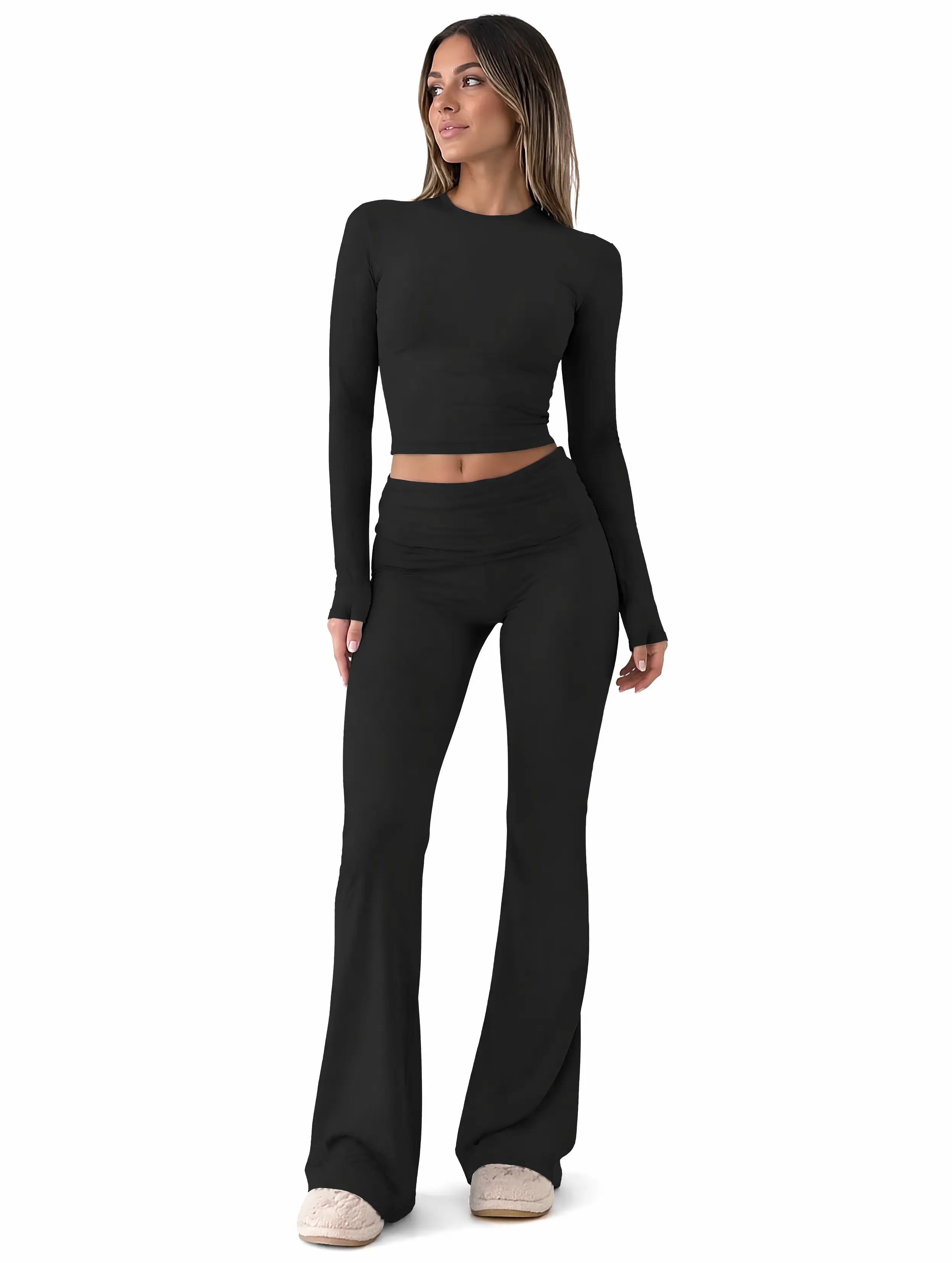 Women's Solid Modal 2-Piece Cute Loungewear Set - Slim Round Neck Short Sleeve Top, Drawstring Flare Comfy Pants, Breathable PJ Sets for Spring & Fall, 2 Piece Sets