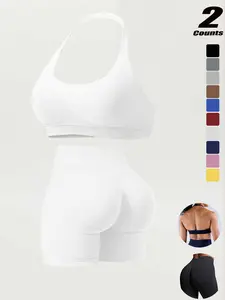 Women's High-Waisted Running Shorts Set, Stretchy Seamless Sports Bra with Removable Pads, Plain Tight-Fit Gym for All Seasons