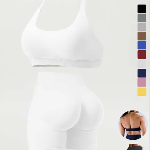 Women's High-Waisted Running Shorts Set, Stretchy Seamless Sports Bra with Removable Pads, Plain Tight-Fit Gym for All Seasons Activewear Athletic