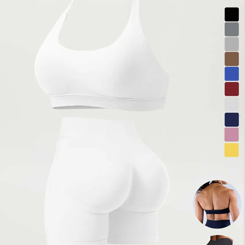 Women's High-Waisted Running Shorts Set, Stretchy Seamless Sports Bra with Removable Pads, Plain Tight-Fit Gym for All Seasons Activewear Athletic